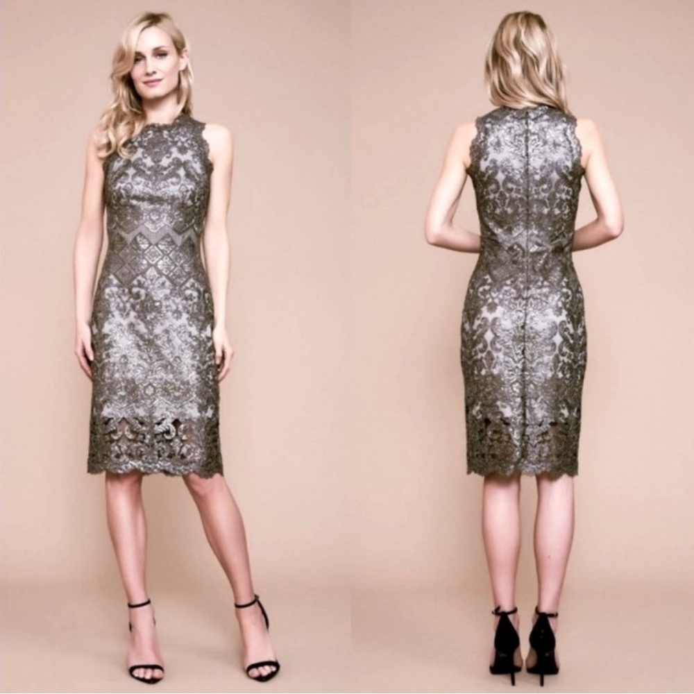 NWT Tadashi Shoji Metallic Lace Midi Dress, Grey, Size 8